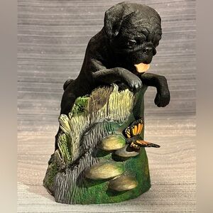 Black Pug Figurine Sculpture with Monarch Butterfly Hand Crafted